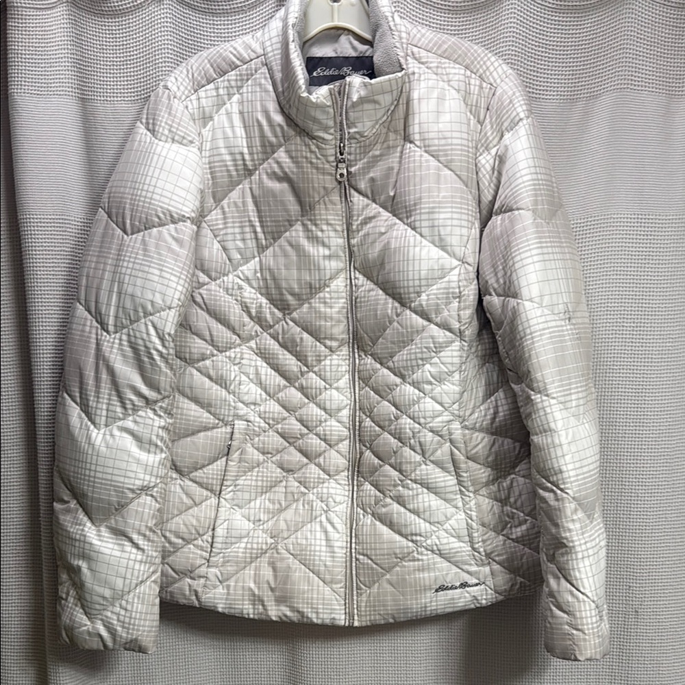 Eddie Bauer Women's Light Gray Quilted Puffer Jacket SZ XLT Tall Flaw plaid down